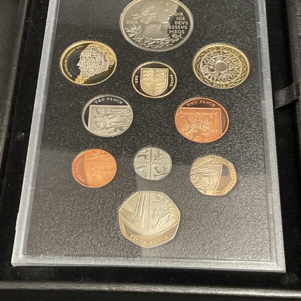 Top view of the 2012 United Kingdom proof coin set in its case.