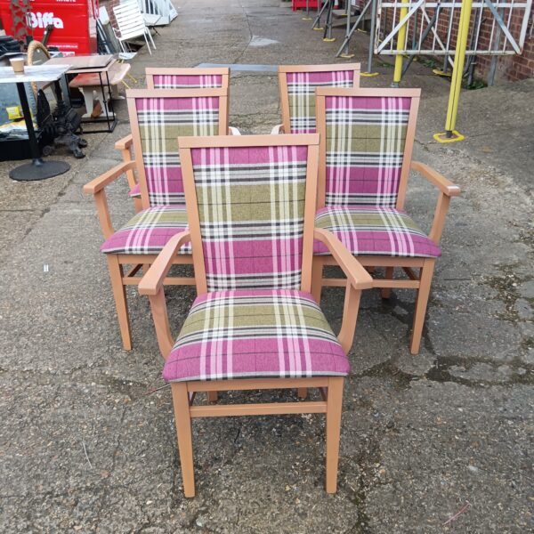 Set of 5 red tartan pattern dining chairs