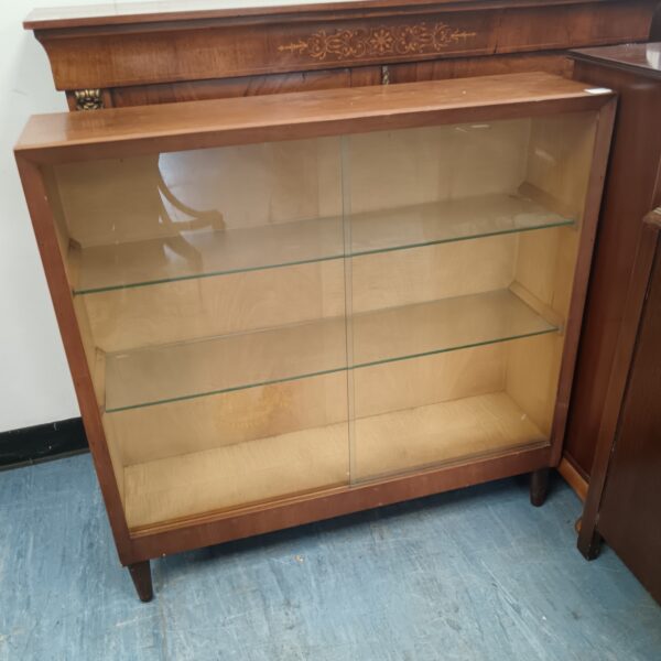Vintage glass fronted display cabinet with glass shelves 35.5” width x 9” depth x 34.5” height