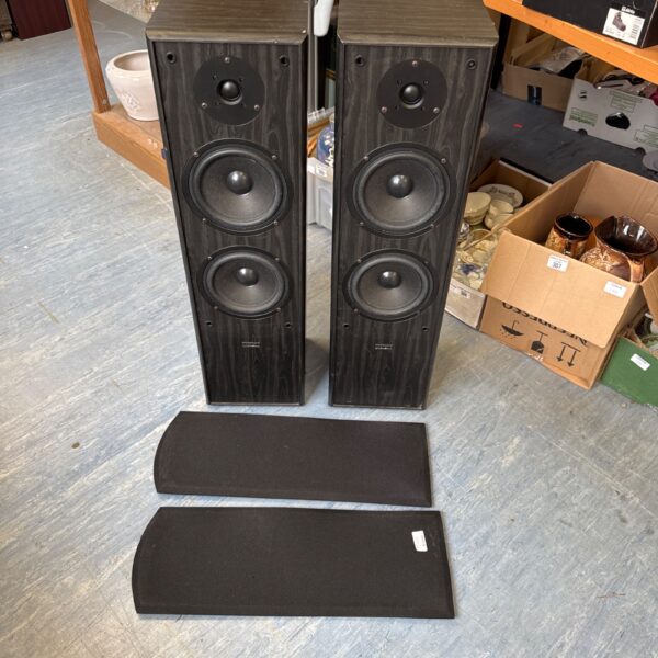 Pair of Acoustic Solutions AV 80-2 floor standing speakers in dark wood.