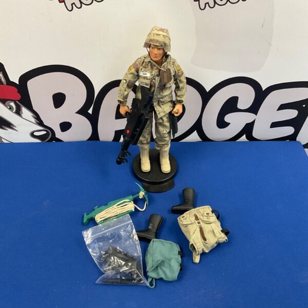 Vintage Action Man GI Joe Duke action figure with accessories and stand.