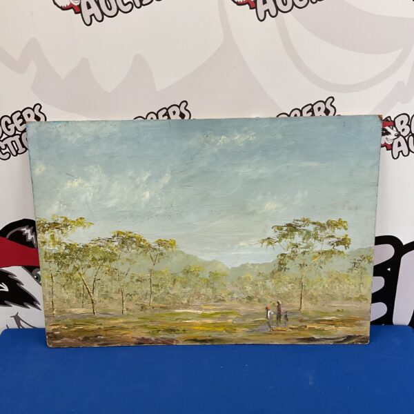 Vintage impasto oil painting of African tribal figures in a plains landscape.