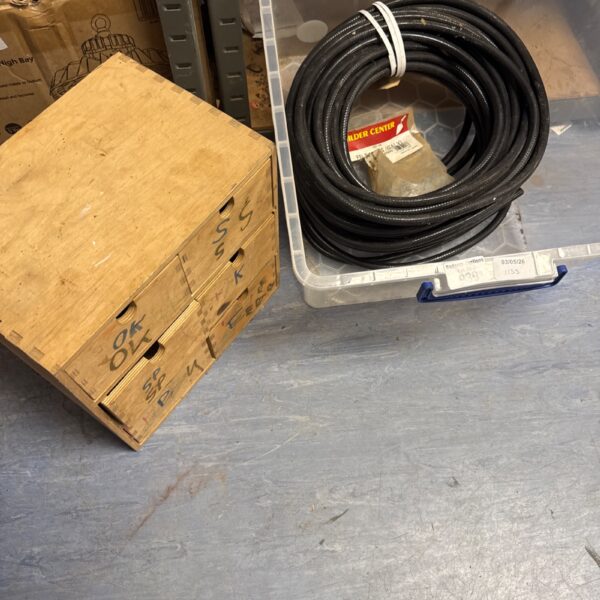 Airline hose, felt nails, and wooden organiser box lot for DIY projects.