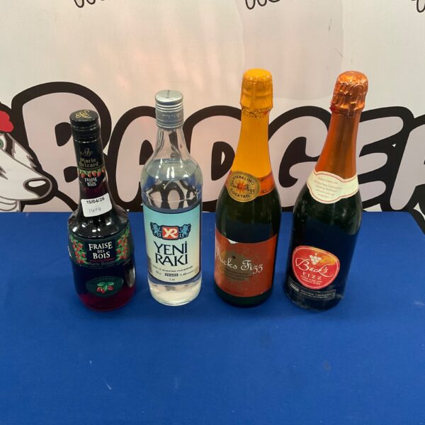 Miniature alcohol bottle collection including Fraise des Bois.