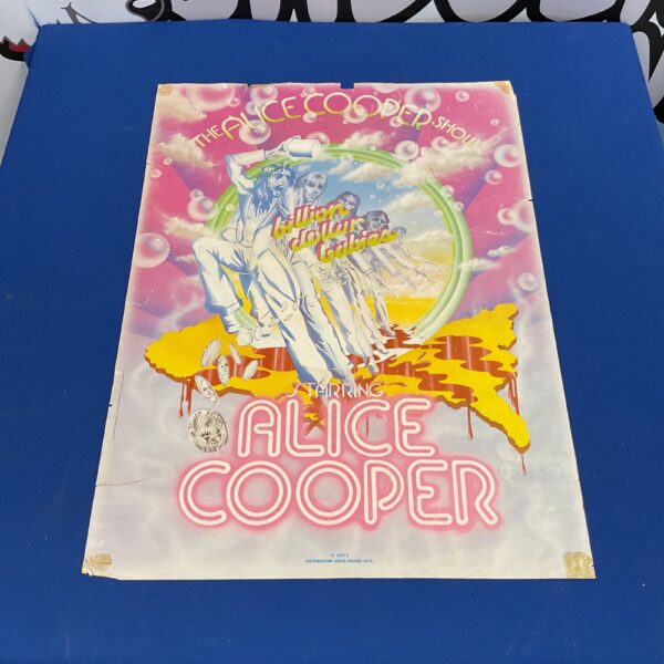 Vintage Alice Cooper concert poster, vibrant 1970s rock music memorabilia.