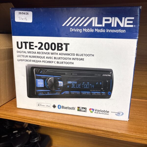 Alpine UTE-200BT car stereo with Bluetooth connectivity displayed.