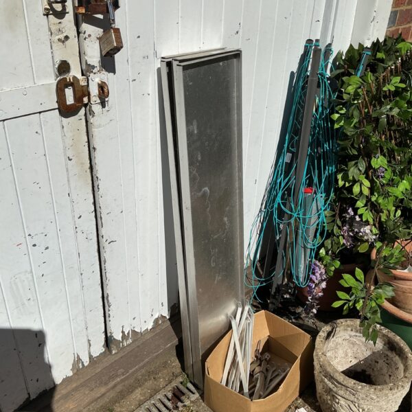 Aluminium shed shelf kit components for garage storage.