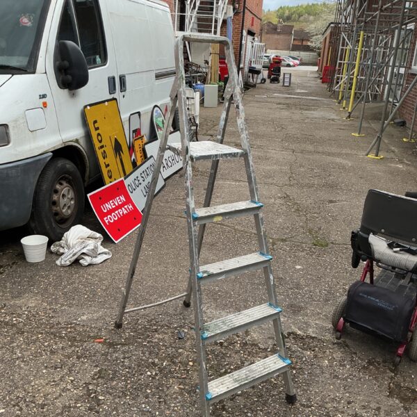 Aluminium step ladder in a garden setting, ideal for DIY projects.