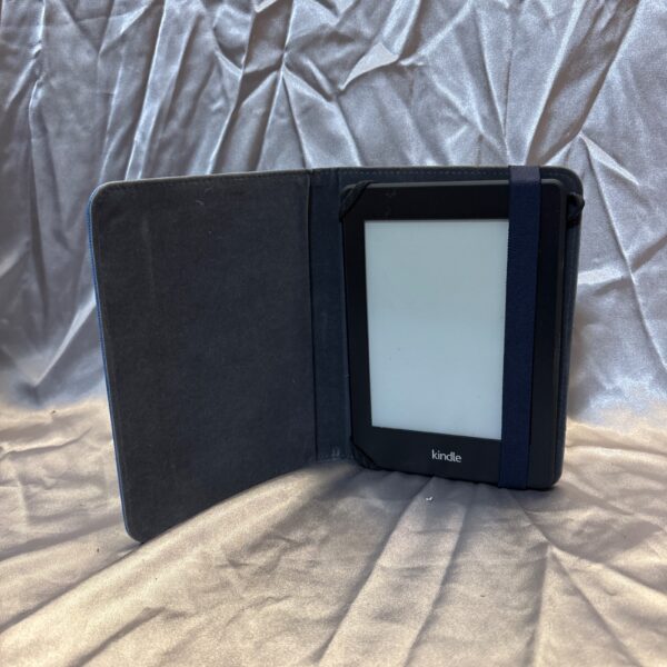 Closed Amazon Kindle tablet with a blue cover.