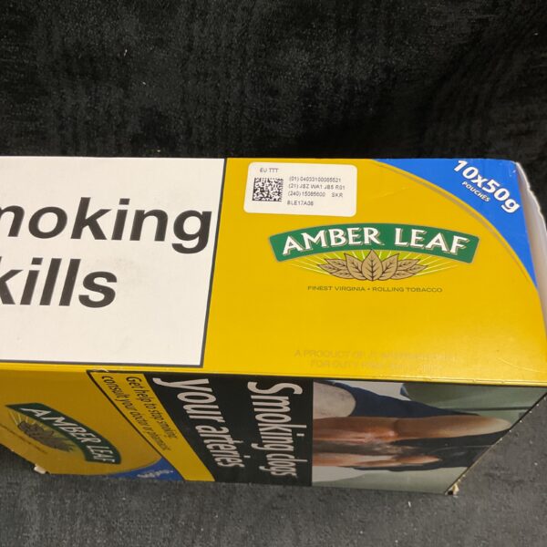 Unopened Amber Leaf tobacco pouch, 10x50g, collectible tobacco.