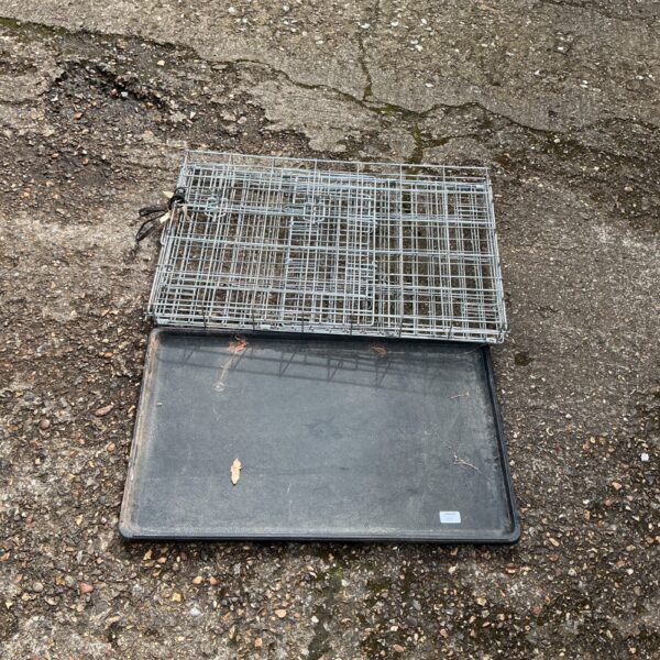Wire and plastic animal transport crate for pets.