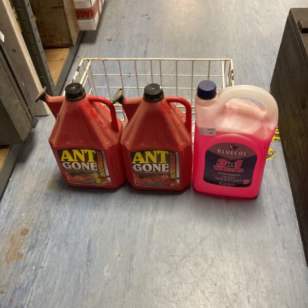 Lot of Buysmart Ant Gone and Bluecol screenwash for pest control and automotive use.