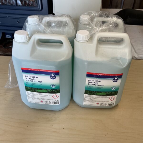 Four 5L packs of anti-viral surface disinfectant for hygiene.