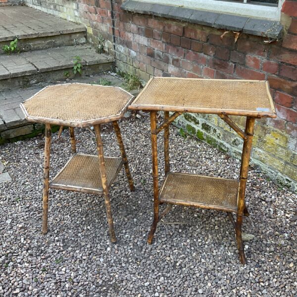 Pair of antique bamboo lamp tables with woven tops.