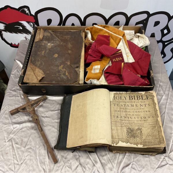 Antique 1812 bible and carved wooden crucifix lot.