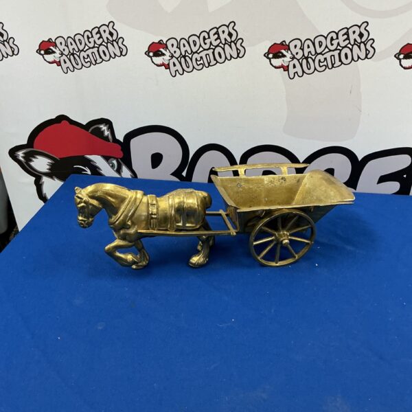 Antique brass horse and cart figurine, vintage collectible.