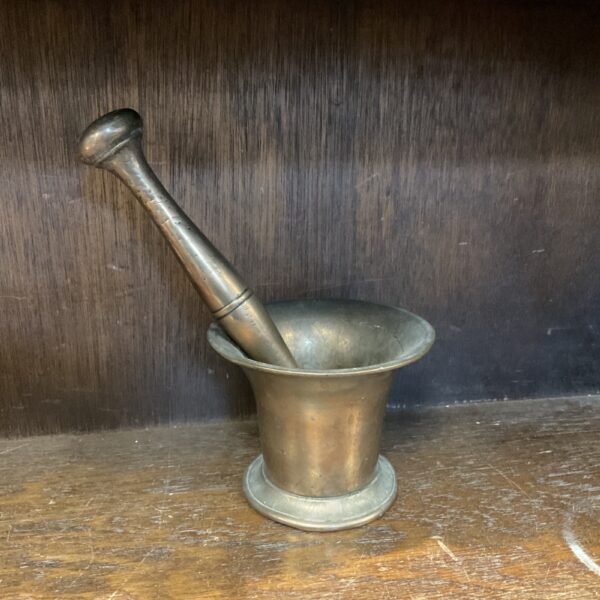 Antique bronze pestle and mortar set, vintage kitchenware.