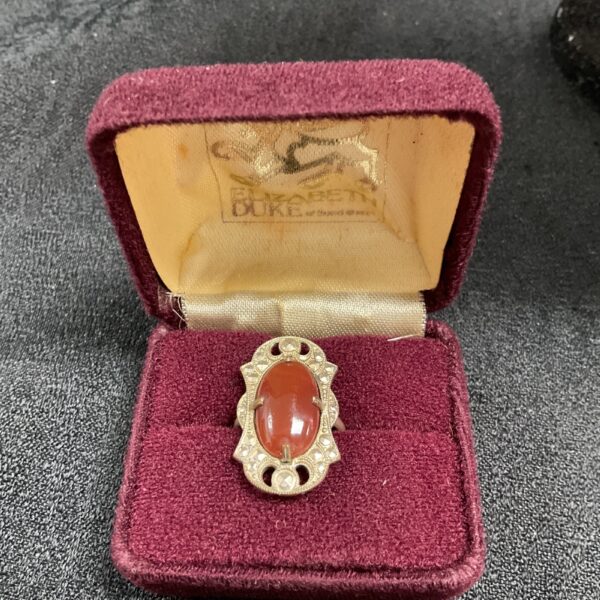 Antique carnelian and marcasite ring, vintage silver-toned setting.