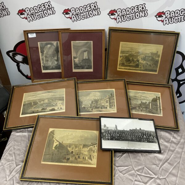 Antique framed etchings and a 1948 photograph of Henley on Thames staff.