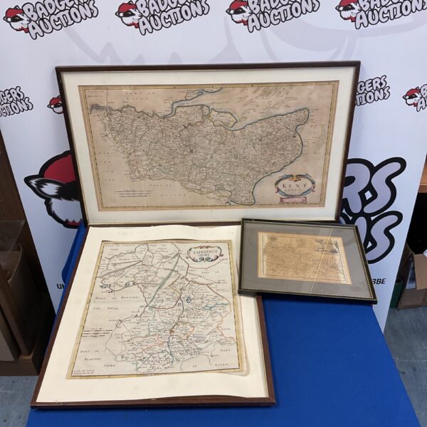 Framed antique map of Kent county, detailed cartography.