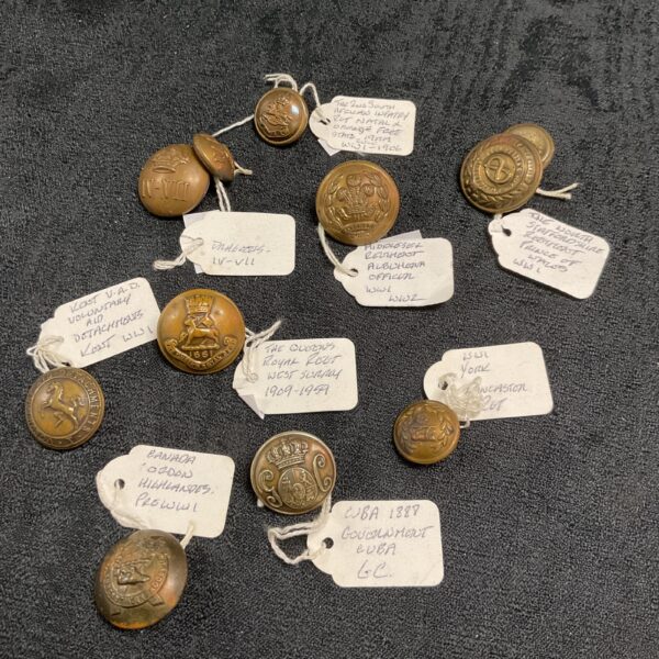 Antique military brass buttons, Victorian and Canadian designs.