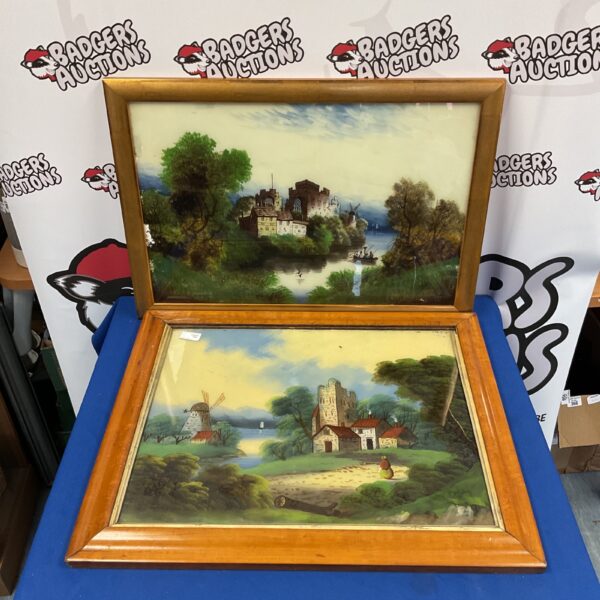 Antique oil painting on glass depicting a classic windmill scene.