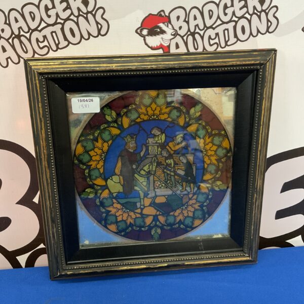 Antique Pettis Studio stained glass roundel depicting a noble scene.
