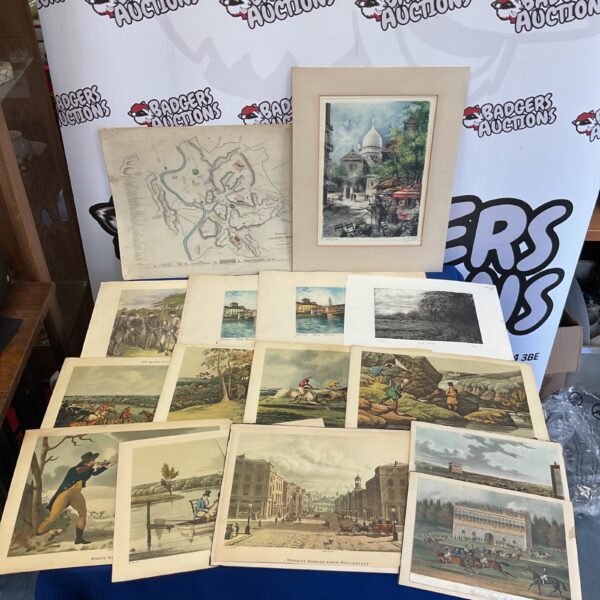 Antique collection of prints and a map of ancient Rome.