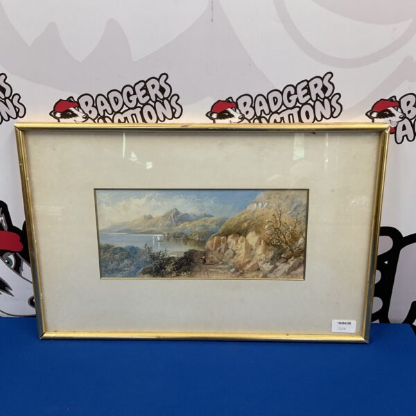 Signed antique watercolour painting of a mountain view with a lake.