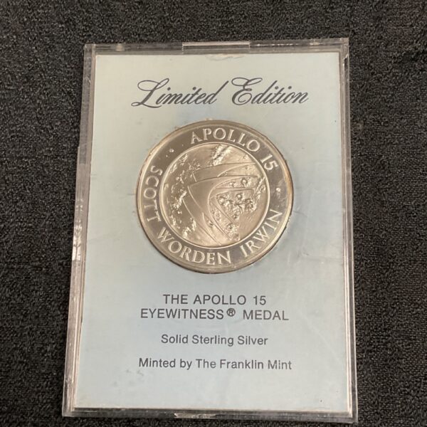 Apollo 15 Eyewitness Medal front view, sterling silver collectible.
