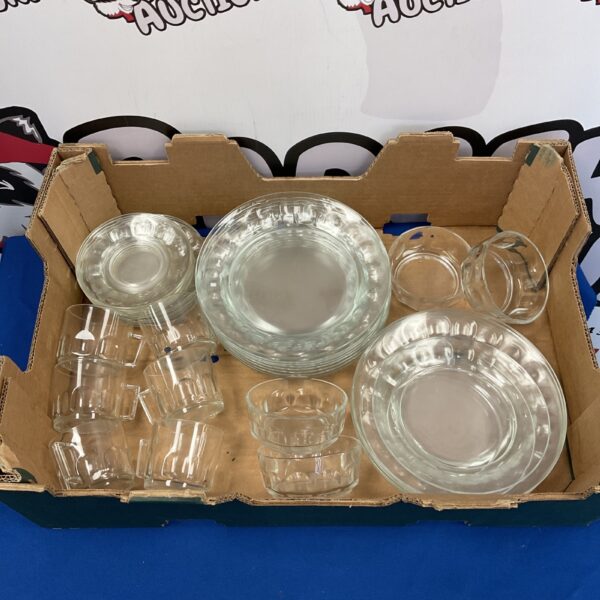 Vintage Arcoroc glassware lot including plates and cups.