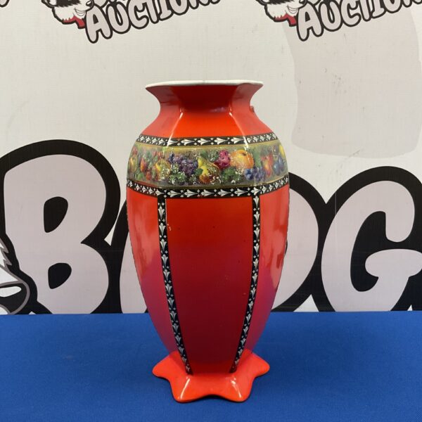 Vintage art deco red floral transfer printed ceramic vase.
