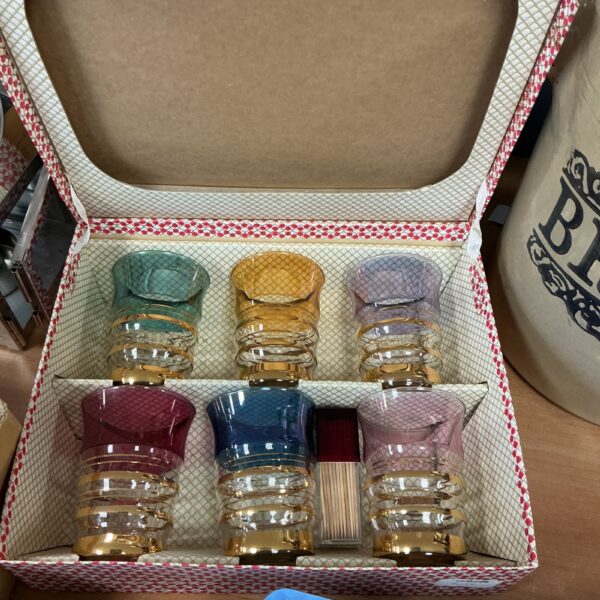 Vintage Art Deco tumblers set in original box, colourful glassware.