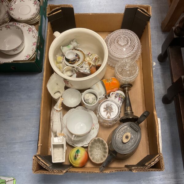 Assorted vintage china and glass lot with decorative pieces.