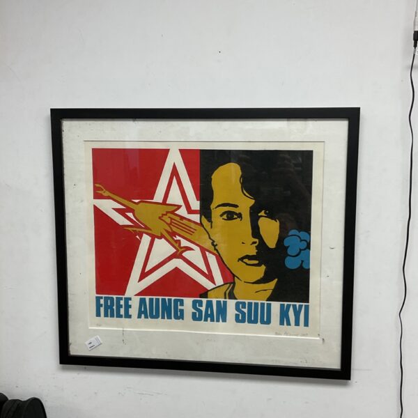 Signed Aung San Suu Kyi artist proof poster, vibrant political art.