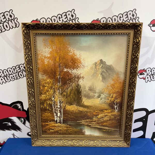 Signed autumn mountain river oil painting by W dossi.