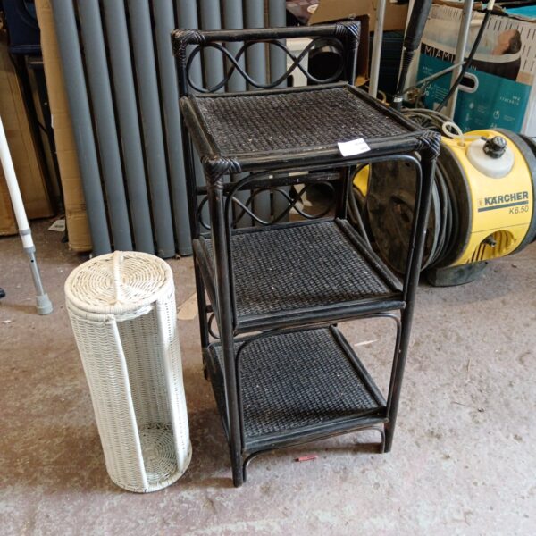 Vintage bamboo and wicker tiered pot stand for plants.