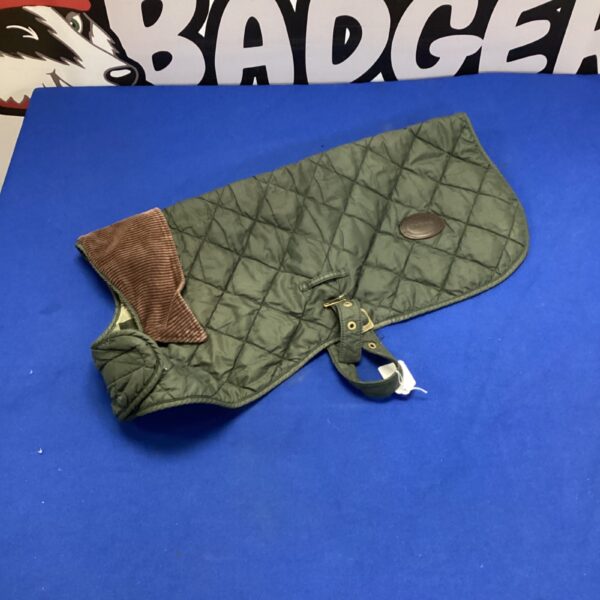 Green Barbour quilted dog coat, 21 inches long.