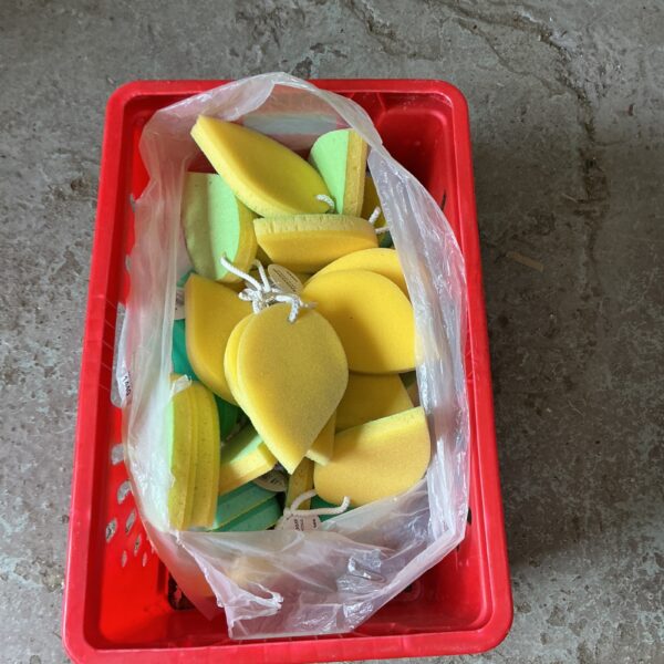 Yellow and green bathroom sponges in a red container.
