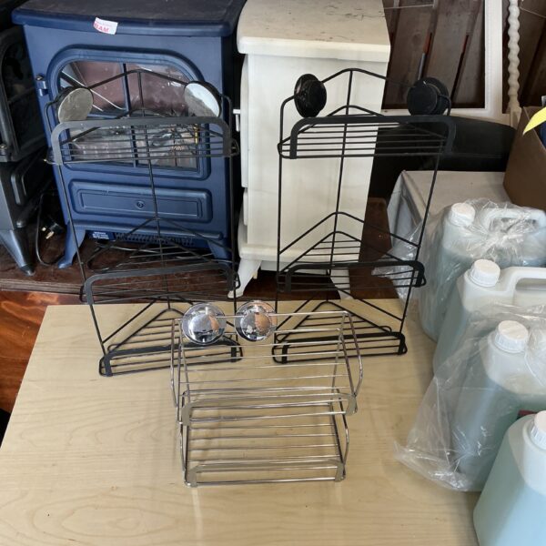 Lot of three chrome wirework bathroom tidy caddies for storage.