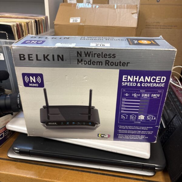 Vintage Belkin N Wireless Router in original packaging.
