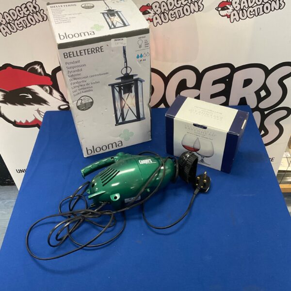 Mixed lot featuring Belleterre pendant light, glasses, and vacuum cleaner.