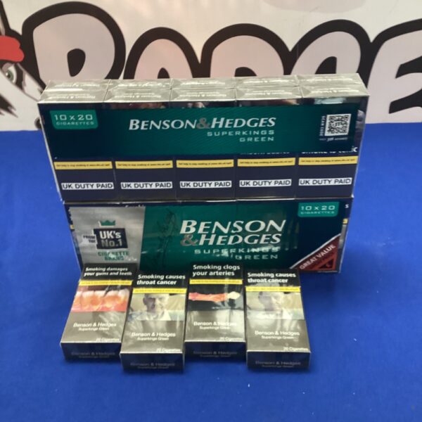 Sealed packs of Benson & Hedges Superkings Green cigarettes for collectors.
