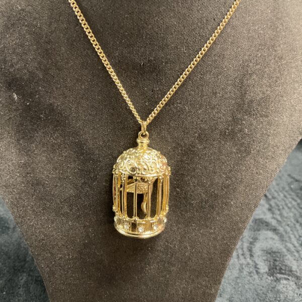 Gold tone birdcage pendant necklace, vintage style jewellery.