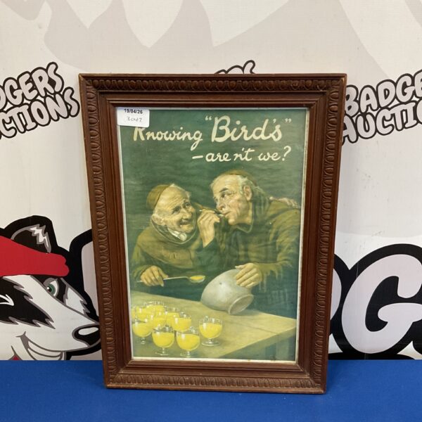 Vintage Birds Custard advertising print with two gentlemen enjoying dessert.
