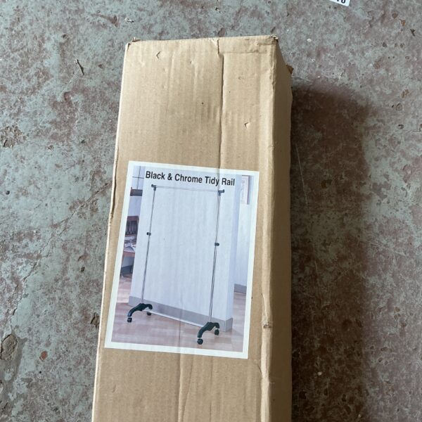 Black and chrome clothes rail with rolling castors for easy movement.