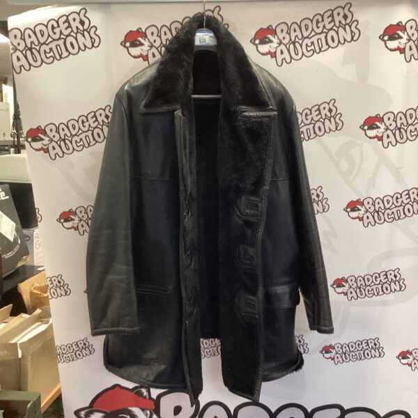 Black leather fleece lined jacket, size large, warm winter outerwear.