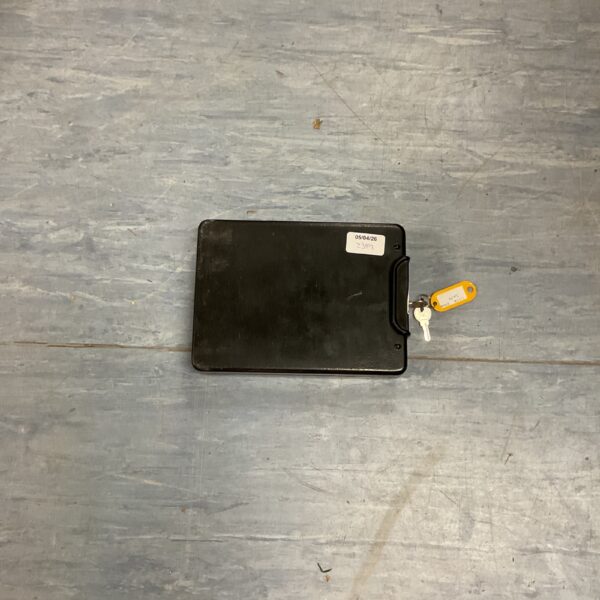 Black metal cash box with a locking mechanism for secure storage.