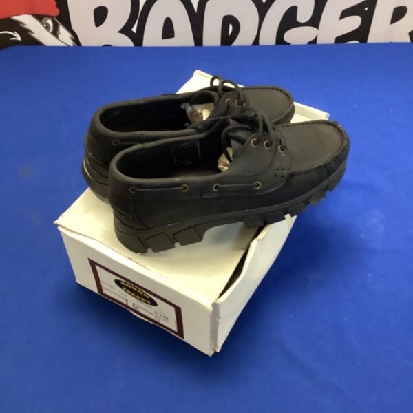 Black size 10 shoes with rough tread for casual wear.