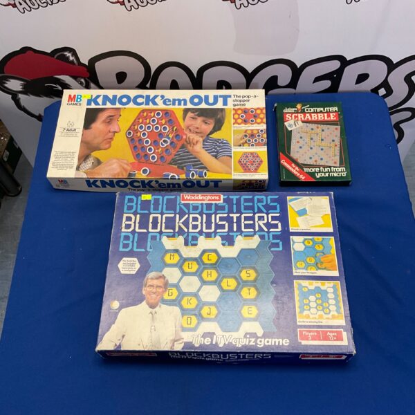 Vintage Blockbuster, Knock’em Out, and Scrabble board games lot.